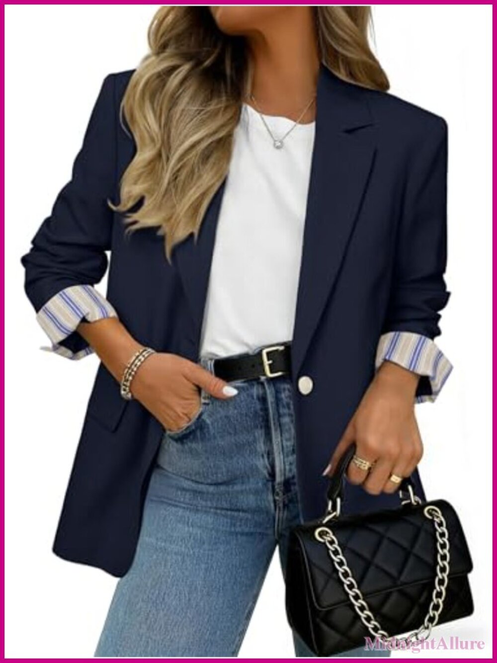 Simplee Women's Lightweight Blazer One-Button Striped Cuff Suit Jacket Work